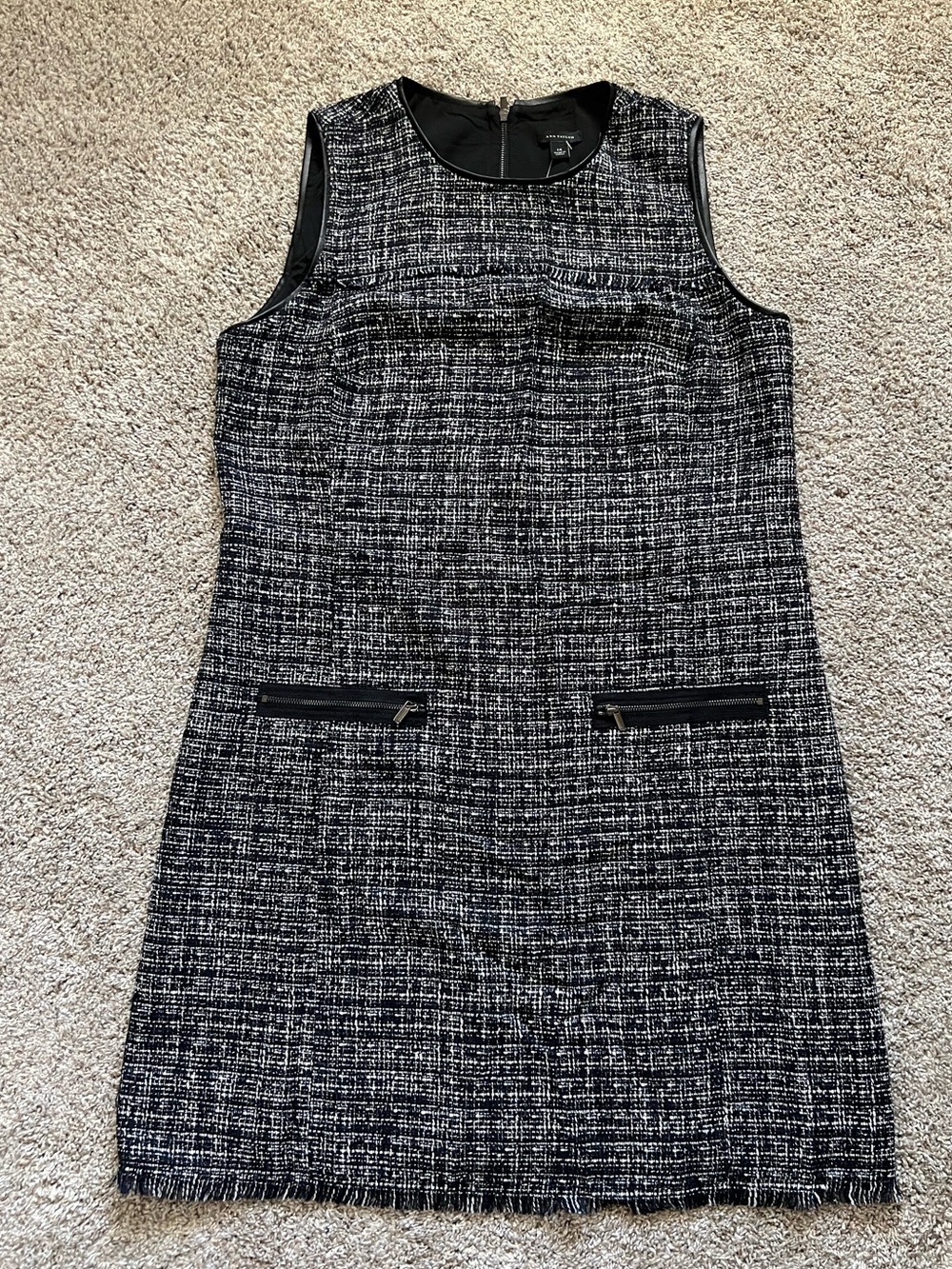 New Ann Taylor Black & White Tweed Sleeveless Shift Dress with Zip Pockets